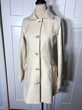 Tulle Ivory Mid-Length Wool Button Front Lined Pea Coat w/ Pockets, S